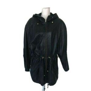 Paris Sports Club Leather Jacket Womens Vintage Black Gold Hooded Full Zip